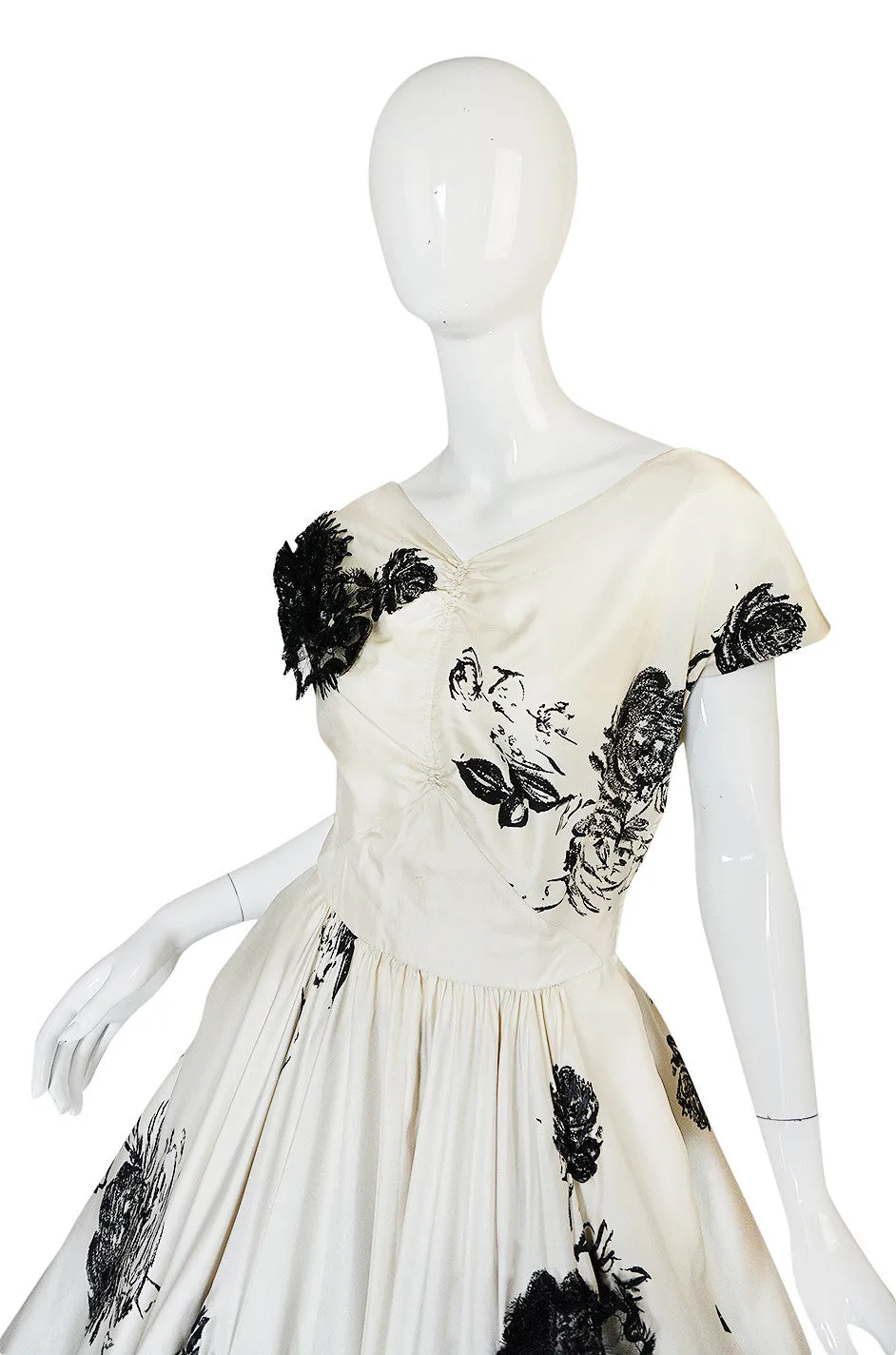 1950s Cream Silk Twill Dress with Applique & Black Rose Print