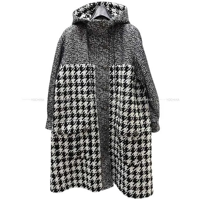 2016 CHANEL Pea coat Hood Tweed Houndstooth Noir (Black) /Ecru Acrylic/Wool Metal Silver HW P54586[EXCELLENT][Authentic]