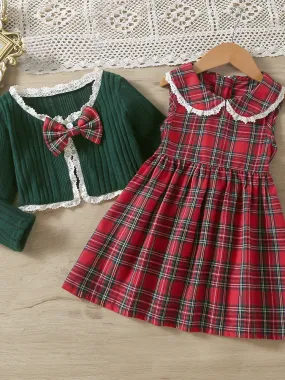 A Timeless Holiday Christmas Plaid Dress and Knit Cardigan Set