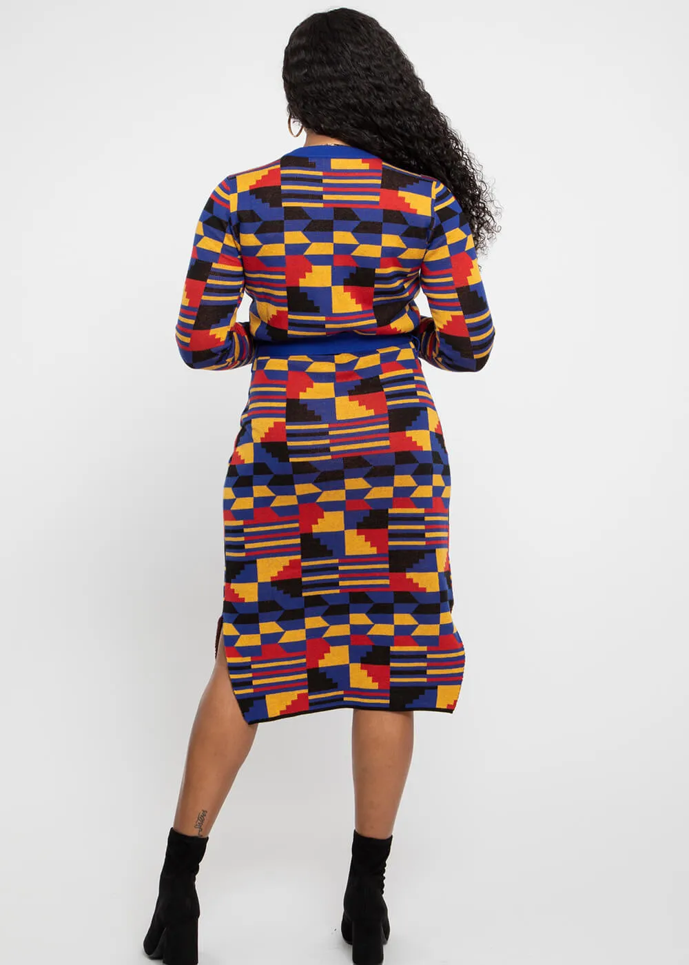 Afe Women's African Print Button-Up Sweater Dress (Indigo Red Kente)-Clearance