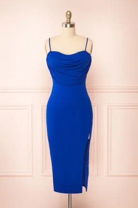 Astoria Blue | Fitted Midi Dress w/ Cowl Neck