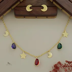 Astral Glossy Tri Drop Neckpiece With Golden Moon Stud