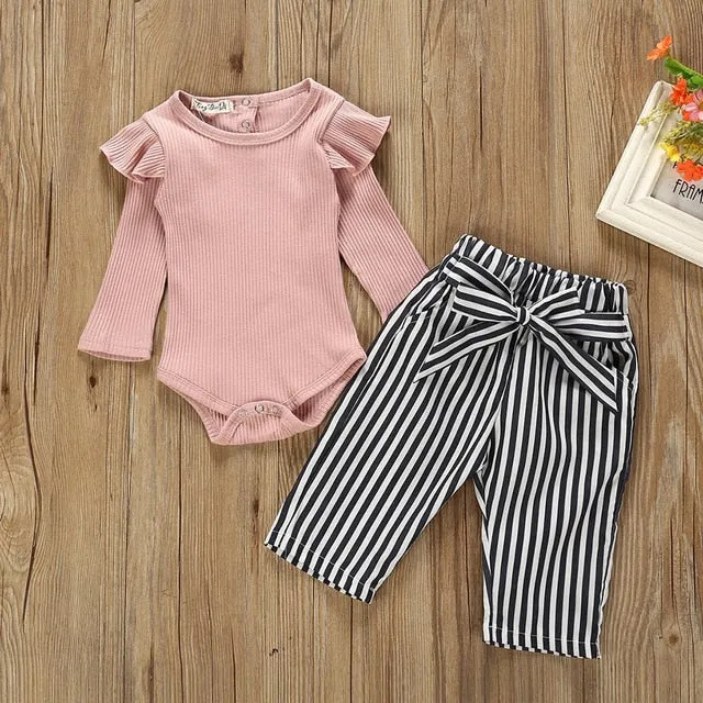 Autumn Baby Girl Boy Clothes Newborn Sets Outfit Pink Long Short Romper Bodysuit Black Stripe 2 Piece Set