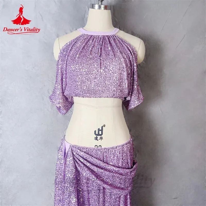 Belly Dance Competiton Costume Set for Women Sequin Top split Long Skirt 2pcs Practice Suit Custom Adult Child Oriental Outfit