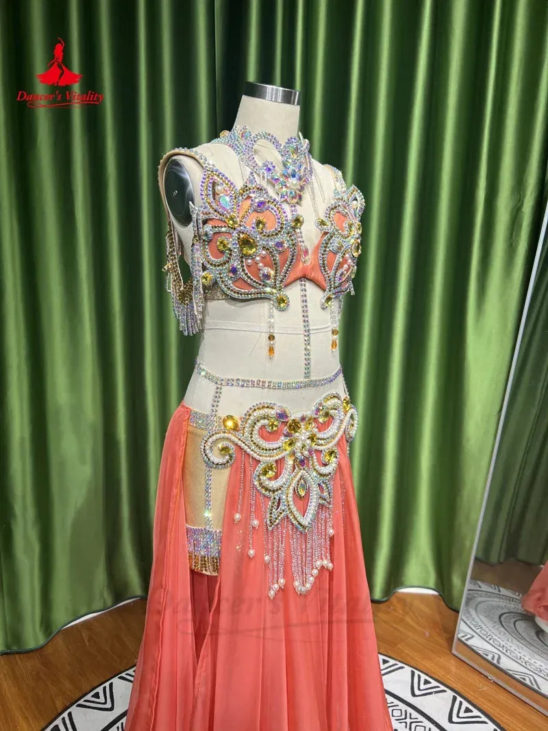 Belly Dance Performance Suit for Women Senior Stones Bra chiffon Long Skirt 2pcs Custom Adult Children Oriental Dancing Outfit