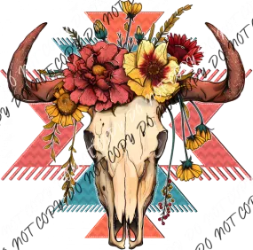 Boho  Skull Aztec Background with Flowers DTF Transfer