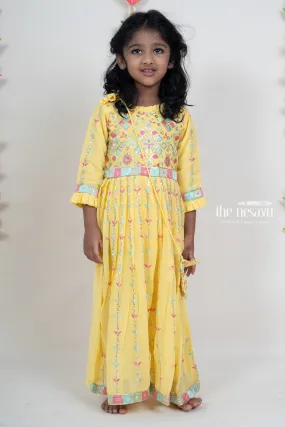 Bright Yellow Pleated Georgette Embroidery Festive Wear For Baby Girls