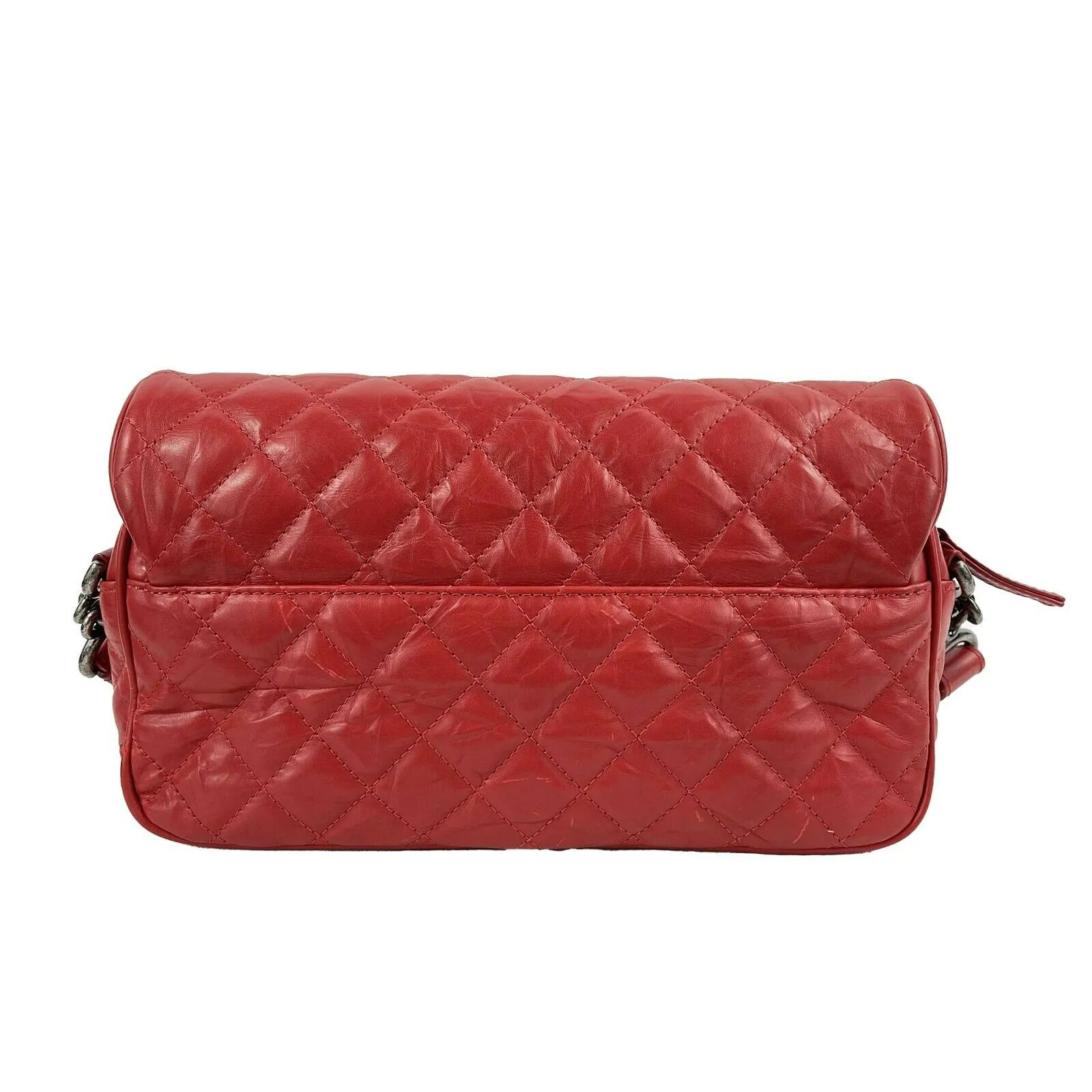 CHANEL - Red Crinkled Leather Boy Chain Flap Bag / Silver-Aged - Shoulder Bag