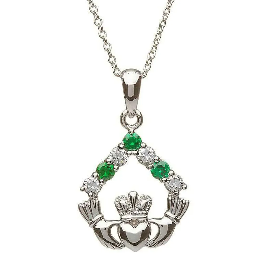 Claddagh Triangle Necklace with Green Stones