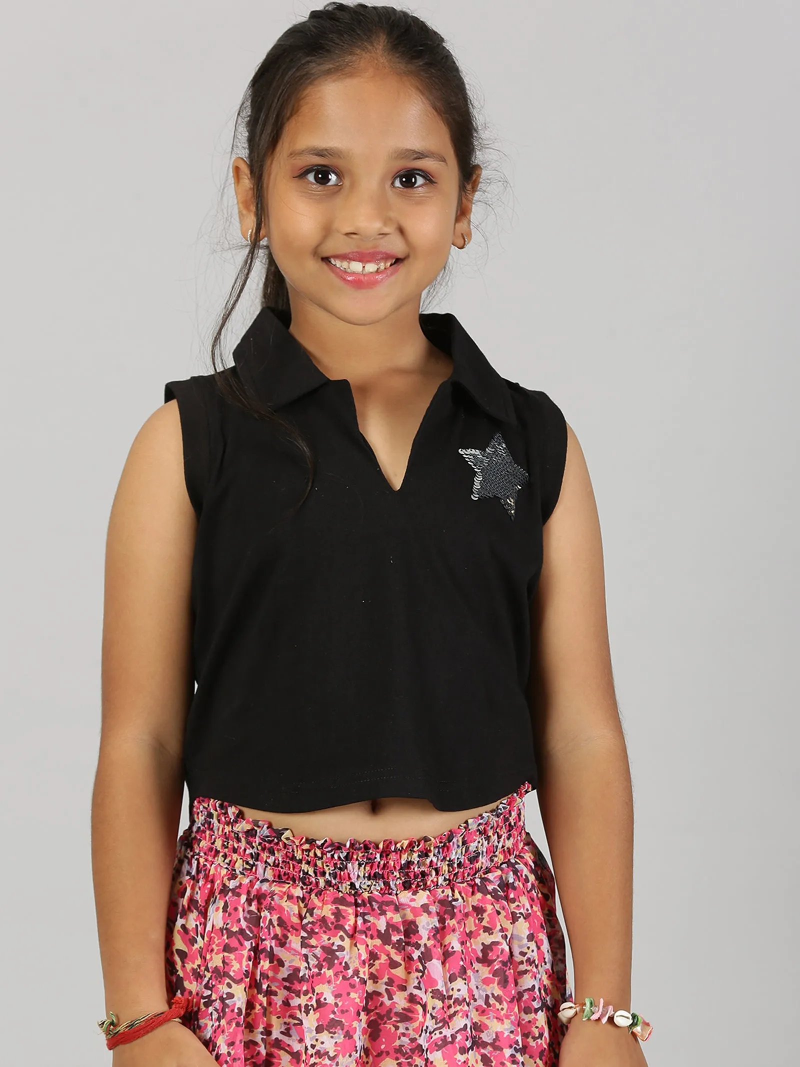 Girls Cropped Embroidery Polo Tee & Smocked Waistband Skirt Set