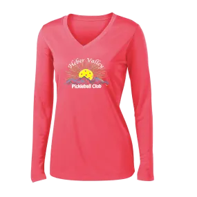 Heber Valley Pickleball Club (Large) | Women's Long Sleeve V-Neck Pickleball Shirts | 100% Polyester