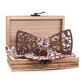 Hollow Floral Wood Bow Tie Set