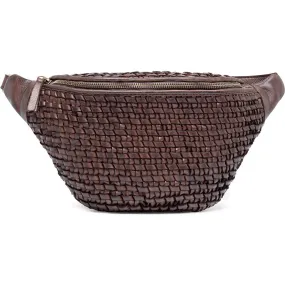 Leather bumbag decorated with weaving / 15798 - Brown