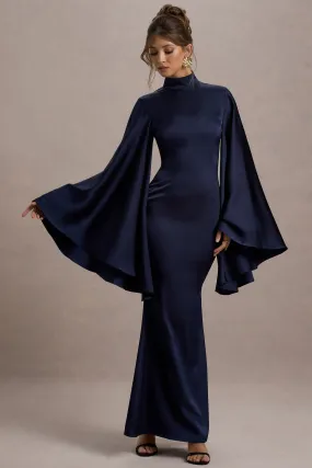 Maceline | Robe Maxi en Satin Marine à Col Montant avec Manches Cape