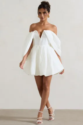 Marbella | Mini-robe évasée bardot drapée écrue