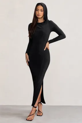 Milania | Robe longue à manches longues noire avec capuche et dos nu