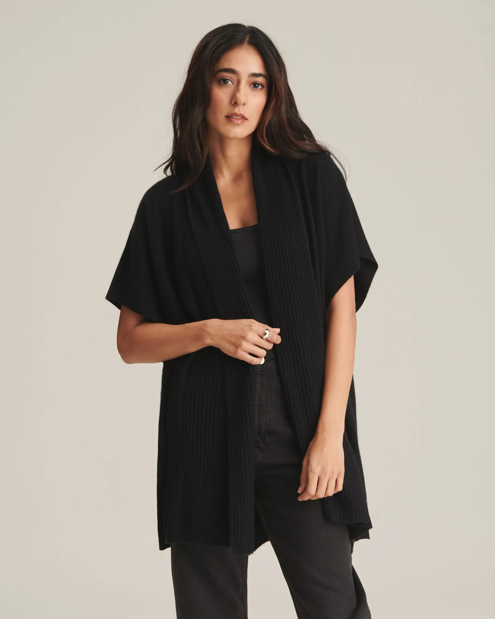 Soft by NAADAM 100% Cashmere Ribbed Collar Open Front Poncho