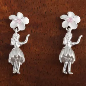 Sterling Silver 8mm Plumeria with Pink CZ and Hula Dancer Post Earrings