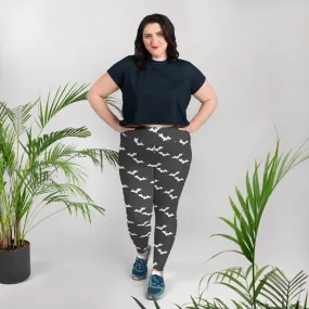 White on Gray Bats Print Plus Size Leggings for Halloween